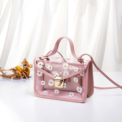 Transparent Daisy Pattern Shoulder Bag Hardware Chain Strap Color Block Messenger Handbag