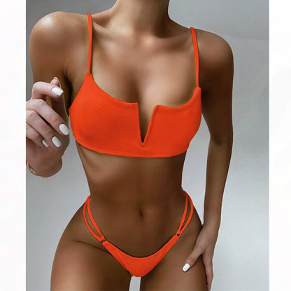 low waist beach wear set  Swimwear swimming suit for women V type top split swimsuit thong bikinis