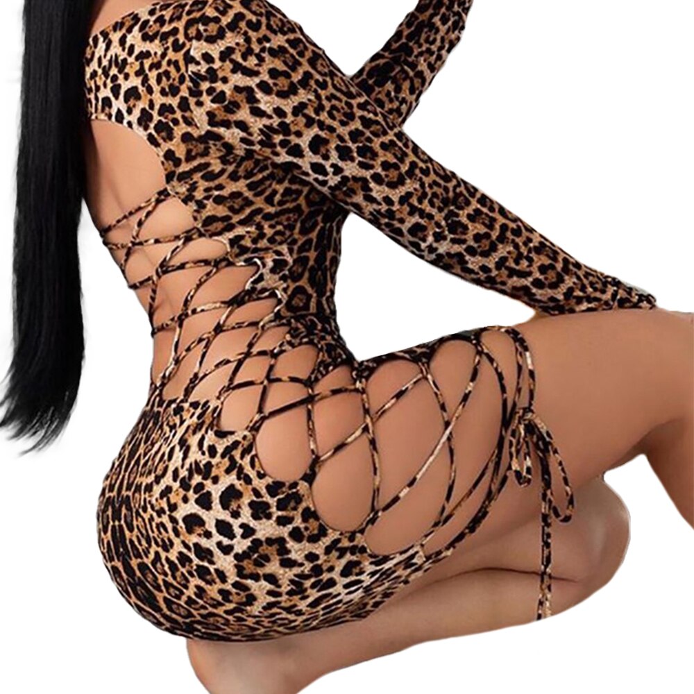 Hot Sale Women Sexy Long Sleeve Bandage Bodycon Party Club Mini Dress Female Leopard Sexy Criss Cross Hollow Out Mini Dresses