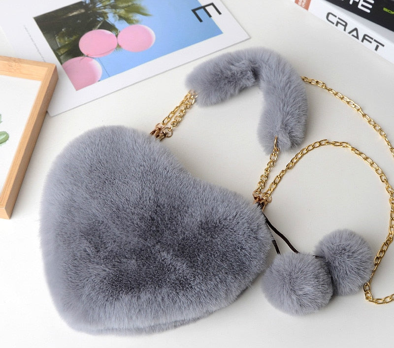 Faux plush heart-shaped shoulder bag