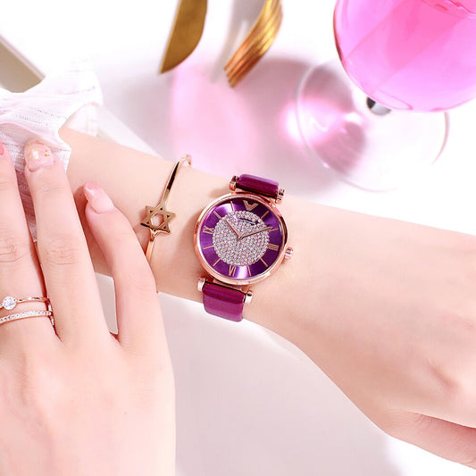 Rhinestone Leather Watches Women Alloy Analog Quartz Red Purple