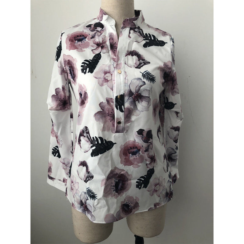 Office Shirt Floral Printed Shirt Casual Long Sleeve Round Collar Tops