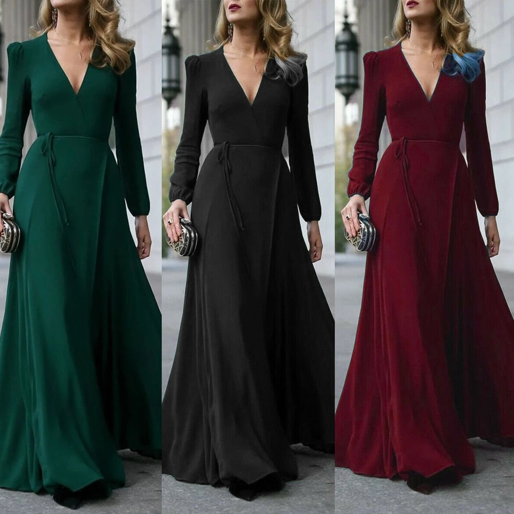 Sexy V Neck Long Sleeve Formal Maxi Dress Solid color Bandage Office Ladies Evening Party Prom Gown Women Autumn Dresses