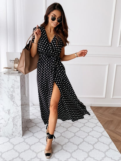 2020 New Casual Women Long Maxi Dress High Waist Female Loose Summer Split Holiday Dress Dot Print V Neck New Chic Beach Dresses