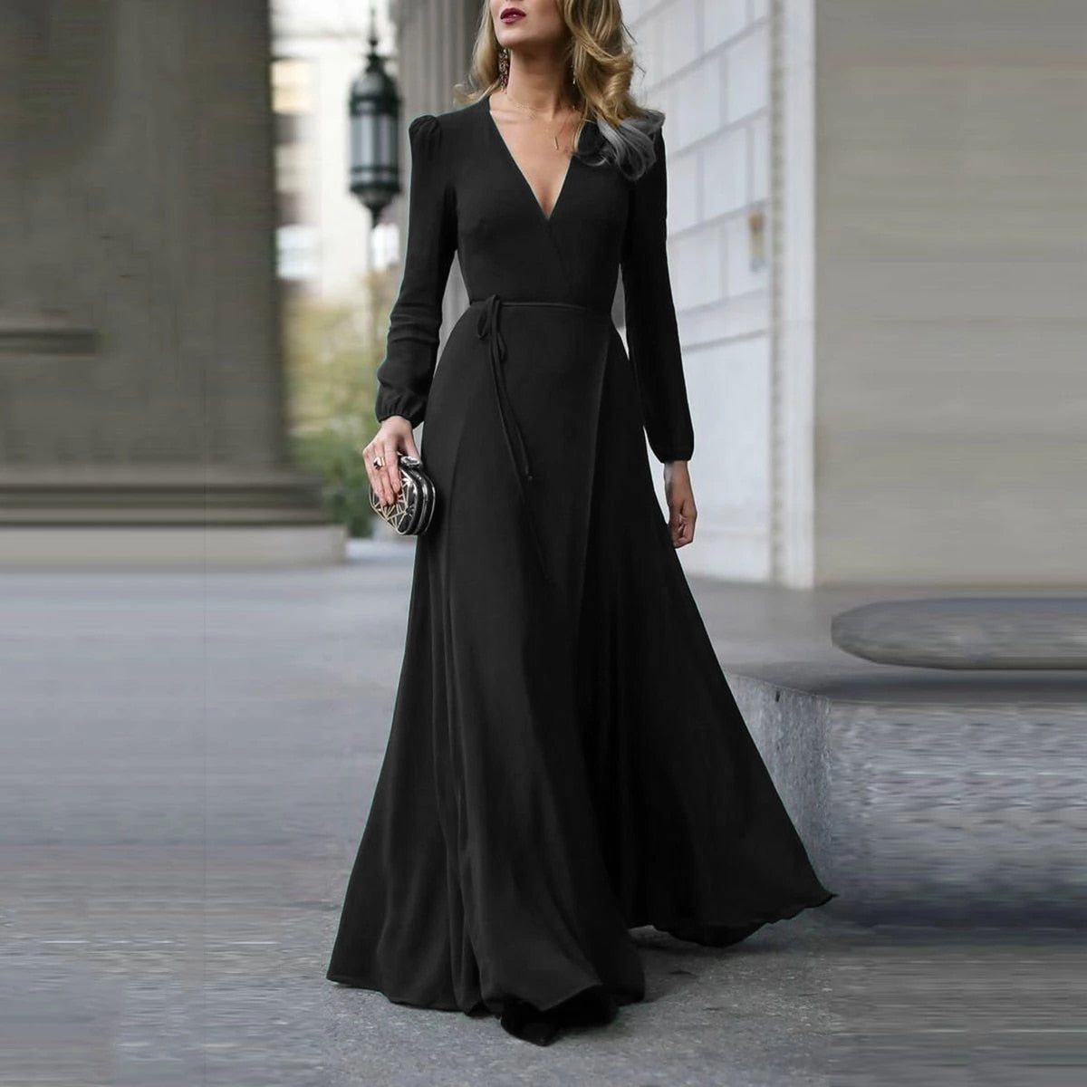 Sexy V Neck Long Sleeve Formal Maxi Dress Solid color Bandage Office Ladies Evening Party Prom Gown Women Autumn Dresses