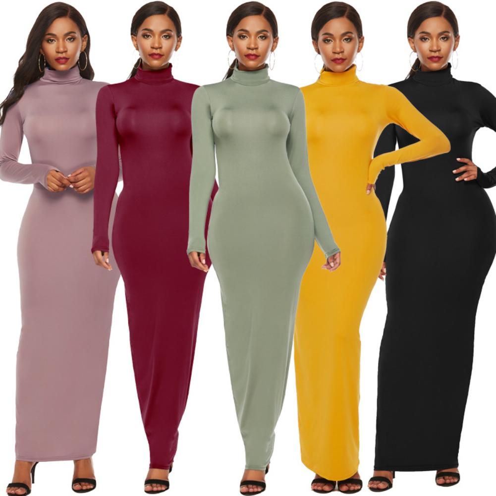 S-5XL Plus Size Party Solid Color Women Long Sleeve Turtleneck Bodycon Maxi Dress Autumn Winter Slim Sexy Dresses Apricot/Black/