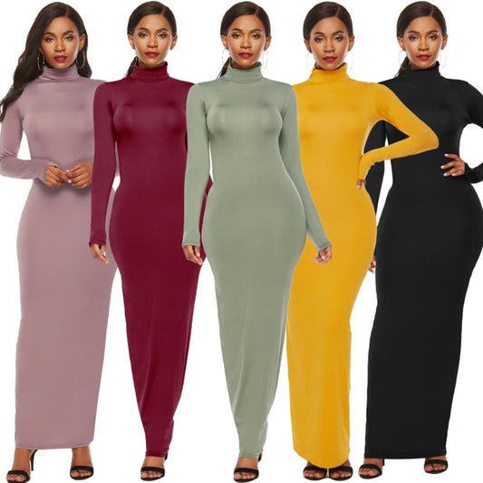 S-5XL Plus Size Party Solid Color Women Long Sleeve Turtleneck Bodycon Maxi Dress Autumn Winter Slim Sexy Dresses Apricot/Black/