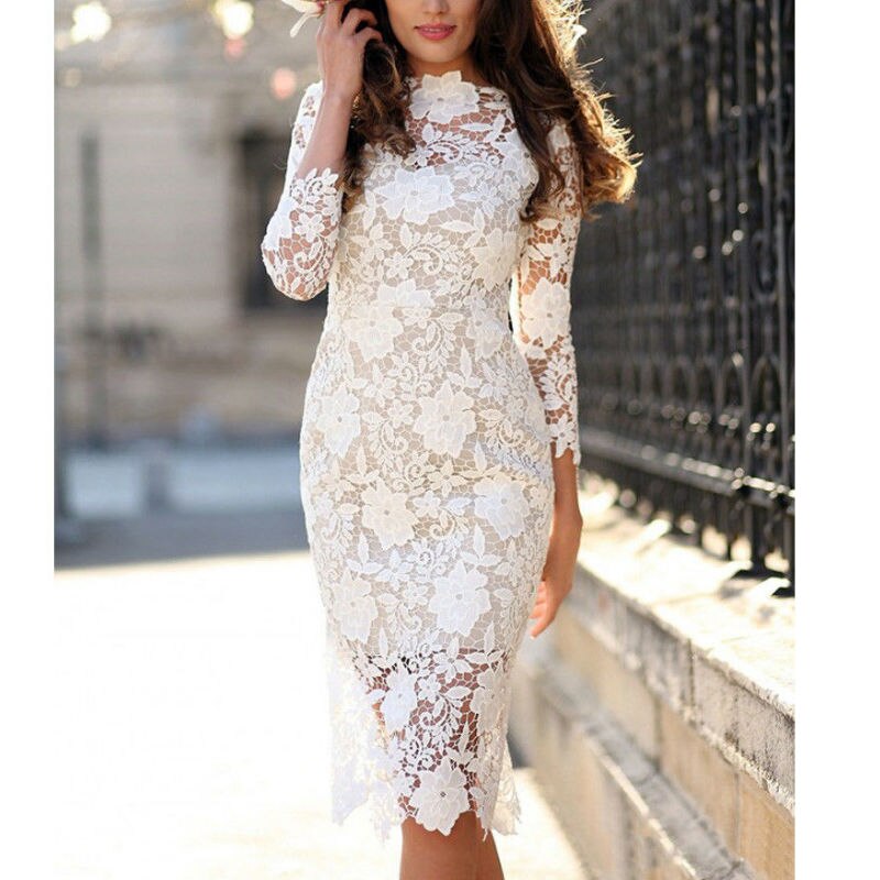 White Lace Party dress Women Sexy Long Sleeve Lace Crochet Hollow Out Slim Bodycon Dress