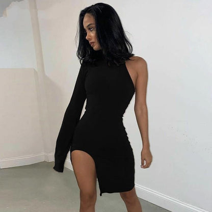 Simenual One Shoulder Long Sleeve Women Bodycon Party Dresses Side Slit Autumn Fashion Sexy Skinny Clubwear Mini Dress Solid Hot