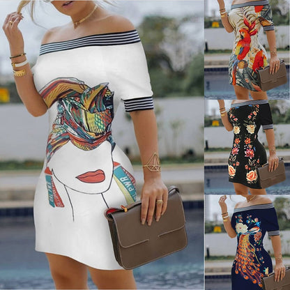 Elegant Slim Fit Print Bodycon Dress Off Shoulder Bird Pattern Striped Tape Splicing MiniDress