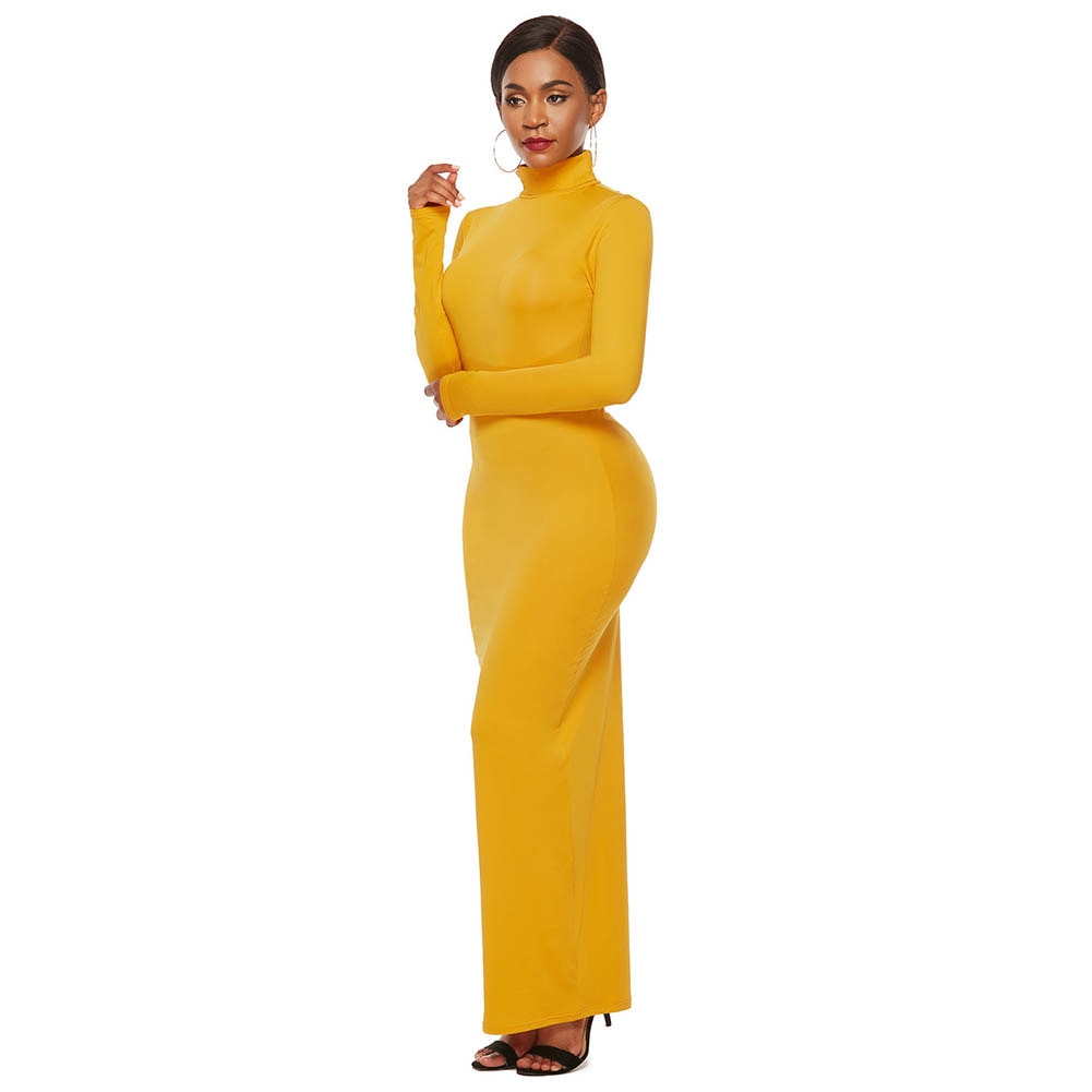 S-5XL Plus Size Party Solid Color Women Long Sleeve Turtleneck Bodycon Maxi Dress Autumn Winter Slim Sexy Dresses Apricot/Black/