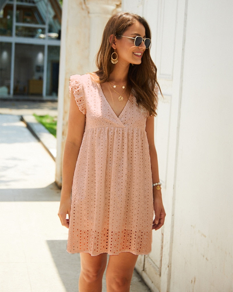 Summer V-Neck Short Sleeve Lace Ruffle White Boho Beach Midi Dress