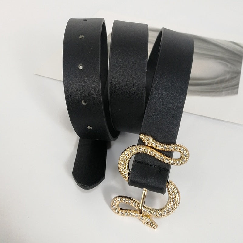 Shinny rhinestone snake buckle leather belt