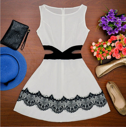 Sleeveless O-neck Lace Patchwork Mini Waist Dress