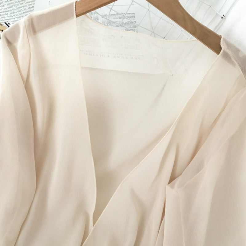 Chiffon Solid Blouses Women Breathable Shirts Thin New Outwear V-neck Elegant Korean Style Trendy Drawstring Bow Female Simple