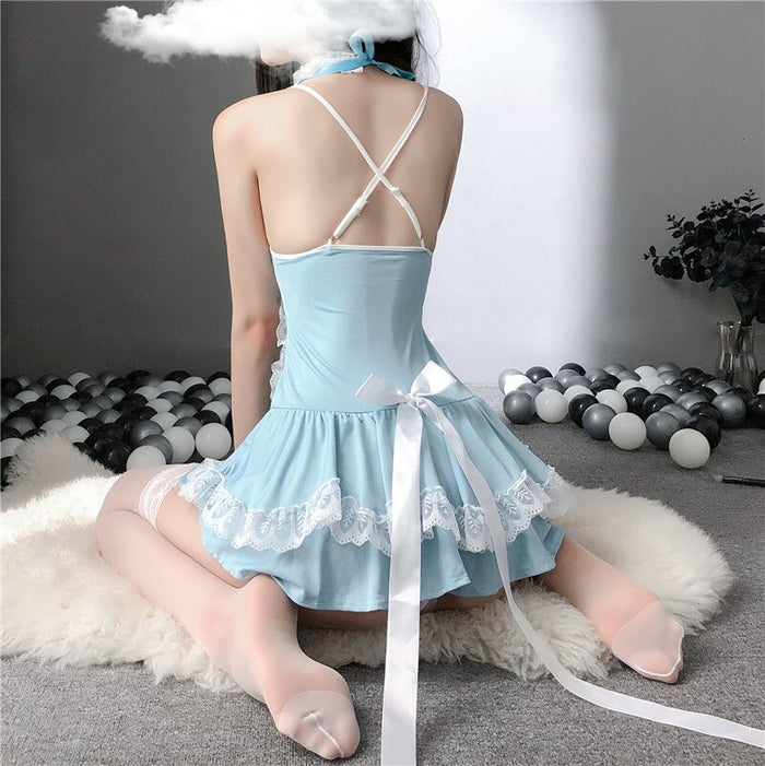 Sexy Lingerie Women Kawaii Maid Uniform Cosplay French Servant Lolita Blue Costume Babydoll Bow-knot Dress Erotic Role Play