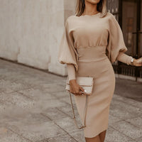 Lady Dress Puff Sleeve Slim-Fit Round Neck Knee Length Office Dress Plain Color Elegant Party Dress