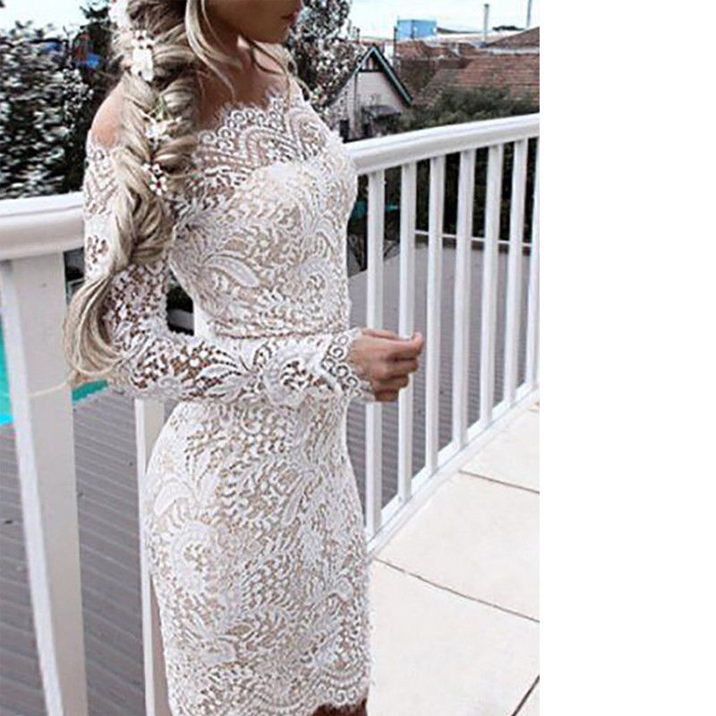 Summer Women Sexy Solid Color White Long Sleeve Lace Dress Elegant Off Shoulder Party Pencil Dress Vestidos