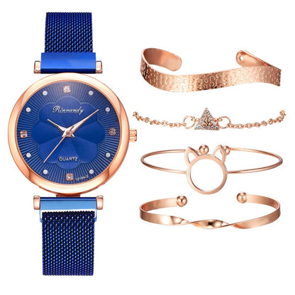 5pcs Set Women Luxury Magnet Buckle Flower Rhinestone Watch Ladies Quartz Wrist Watch Bracelet Set