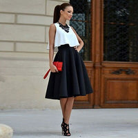 Two Pieces Sexy Vintage Office Ladies Women White Crop Top and Black Midi Skirt Outfits Clothing Set Party Club Wear