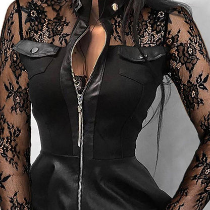 Fashion Dresses Women Lace Long Sleeve Zipper Pocket Large Hem Faux Leather Mini Dress Party elegant slim Sexy Women Dress