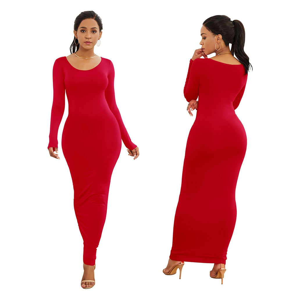 HOT SALES!!! Spring Autumn Sexy Women Solid Color Long Sleeve Round Neck Bodycon Maxi Dress evening party dress sexy comfortable