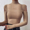 Sexy Off Shoulder Chain Strap Bodycon Blouse Women Hollow Out Long Sleeve Turtleneck Pullover Top