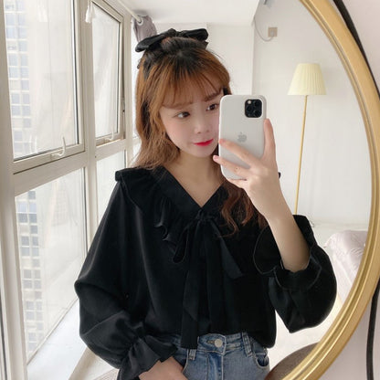 Shirts Womens Retro V-Neck Elegant Bow Knot Flare Sleeve Kawaii Solid Blouses 2020 New Autumn Korean Style Loose Leisure Daily