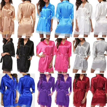 Satin Lace Sexy Sleepwear Lingerie Night Mini Solid Dress V Neck Nightgown Gown