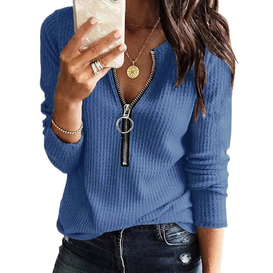 Solid V Neck Zipper Blouses