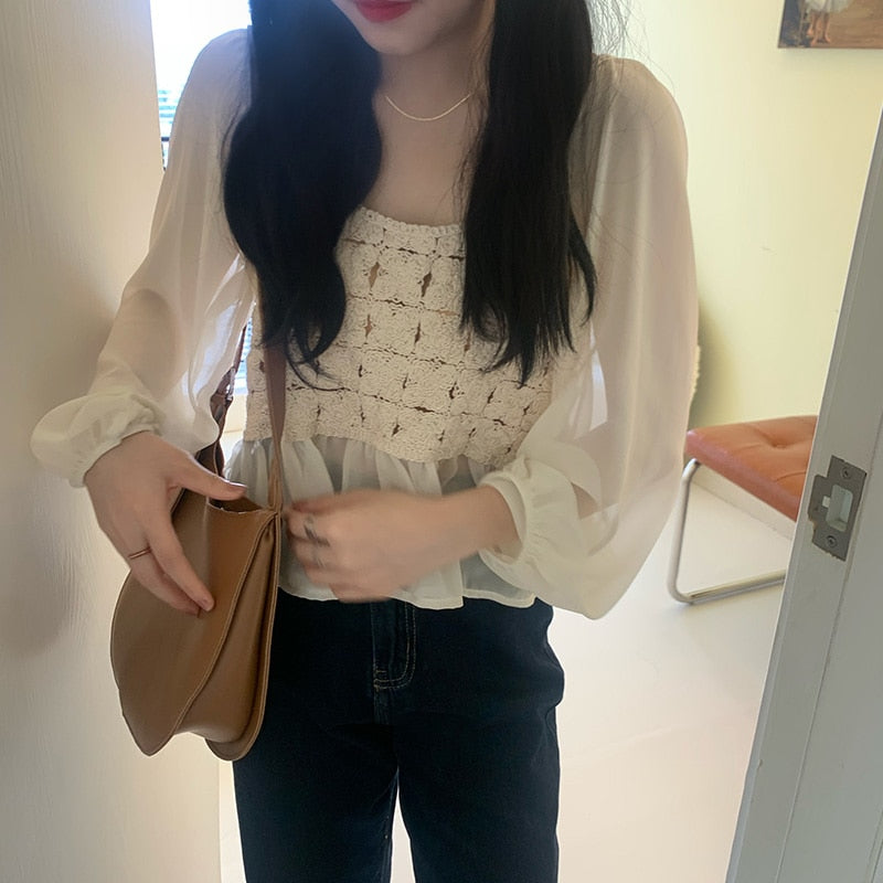 Women Blouses Shirts Patchwork Hollow Out Long Sleeve Female Spring Autumn Tops Elegant Korean Short Style Fashion Ulzzang Retro