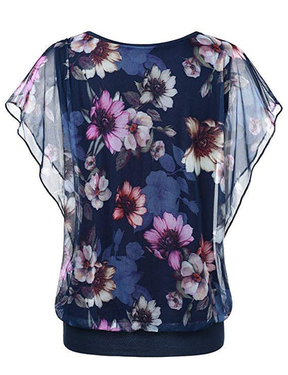 Flower Printing O Neck Flare Short Sleeve Blouse