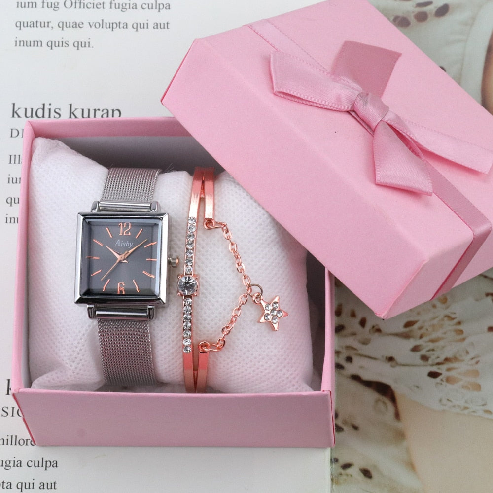 3pcs Set Women's Watches +Bracelet+Box Set Luxury Leather Band Quartz WristWatch Ladies Watch