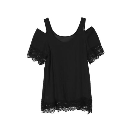 Women Casual Sexy Short Sleeve Cold Shoulder Hollow Out Lace Square Collar Mini Dress Bathing Beach Black/White Bikini Cover Ups