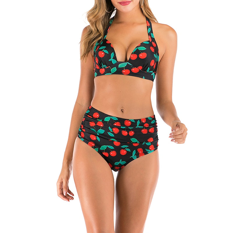 High waist bikini set Halter bathing suit woman swimsuit female Plus size bikini  3XL Floral print swimwear women