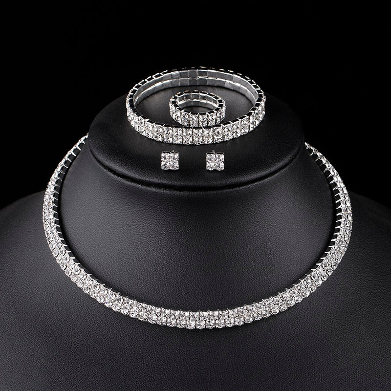 TREAZY Classic Rhinestone Crystal Choker Necklace Earrings and Bracelet African Wedding Jewelry Sets Bridal Wedding Accessories