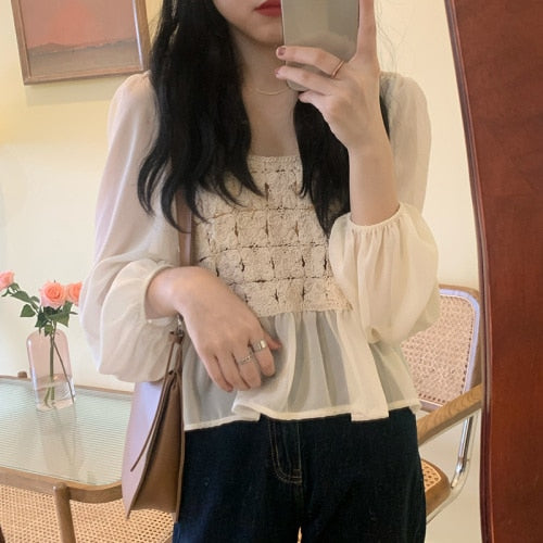 Women Blouses Shirts Patchwork Hollow Out Long Sleeve Female Spring Autumn Tops Elegant Korean Short Style Fashion Ulzzang Retro