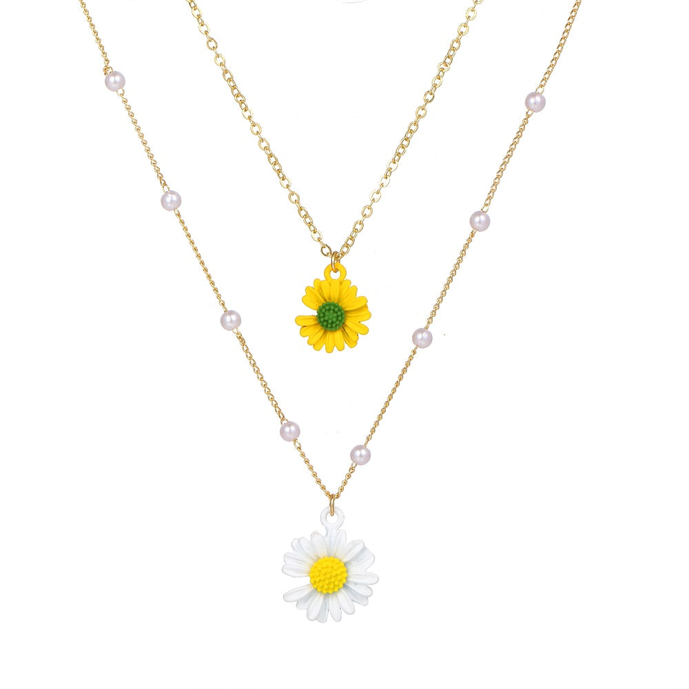 Fashion Layered Pearl Flower Pendant Necklace Female Small Daisy Pearl Chain Collar Necklace