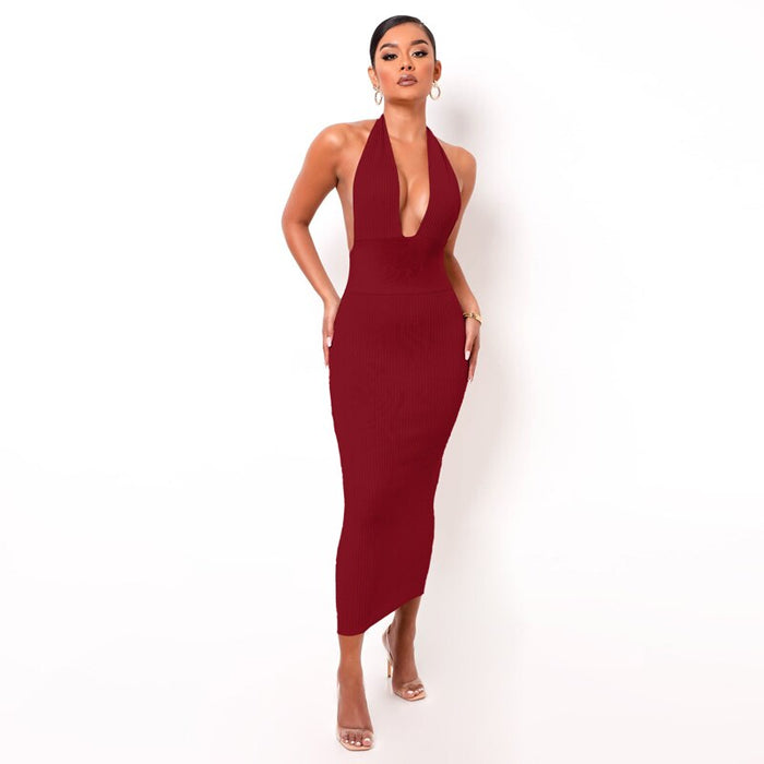 Solid Ribbed Knitted Stripe Women Halter Midi Dress Backless Patchwork Bodycon Sexy Party Elegant Club 2021 Summer Club