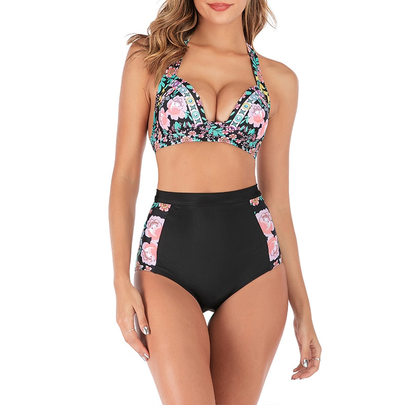 High waist bikini set Halter bathing suit woman swimsuit female Plus size bikini  3XL Floral print swimwear women