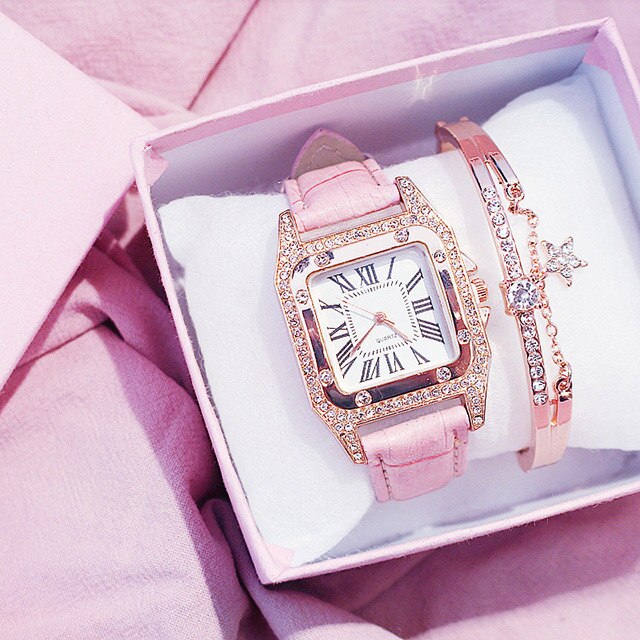 Square Diamond Women Watch Bracelet Gift Box Set