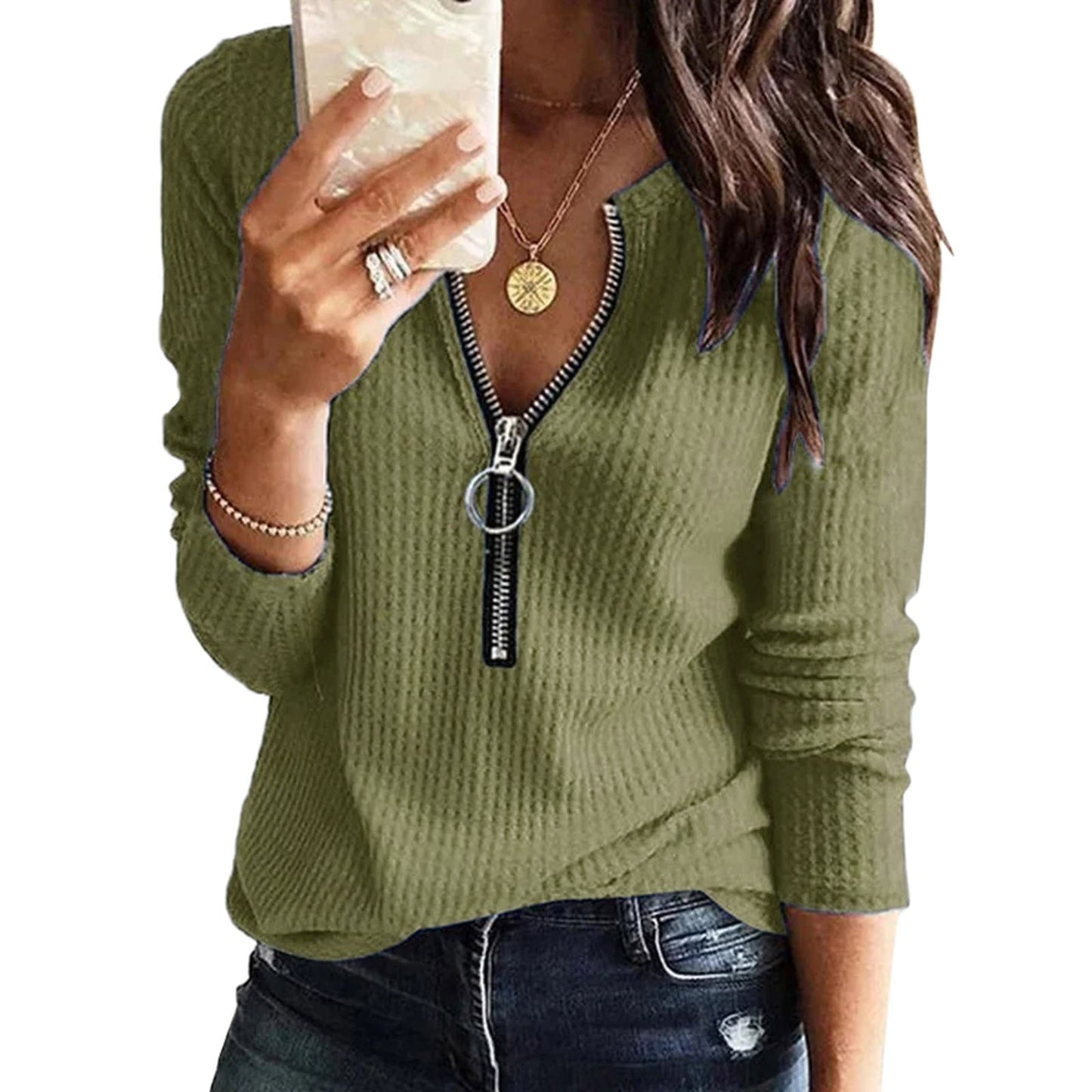 Solid V Neck Zipper Blouses