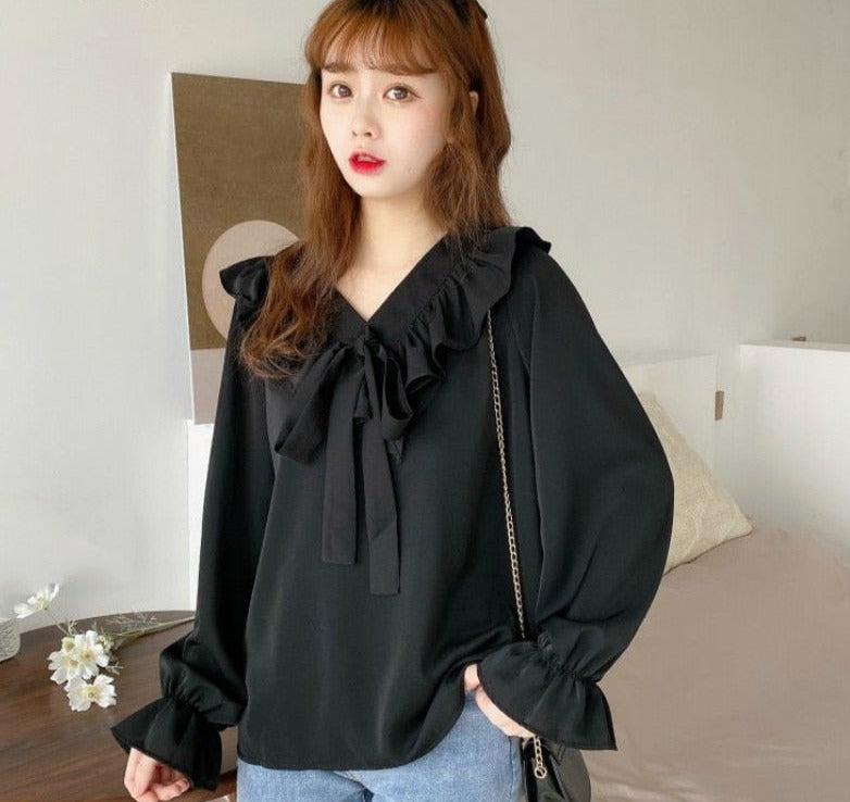 Shirts Womens Retro V-Neck Elegant Bow Knot Flare Sleeve Kawaii Solid Blouses 2020 New Autumn Korean Style Loose Leisure Daily