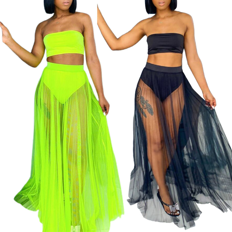 Sexy Solid Color Three Pieces Swimsuits Women's Bandeau Bikinis Set Female High Waist Bathing Suit+Mesh Maxi Skirts Cover Up