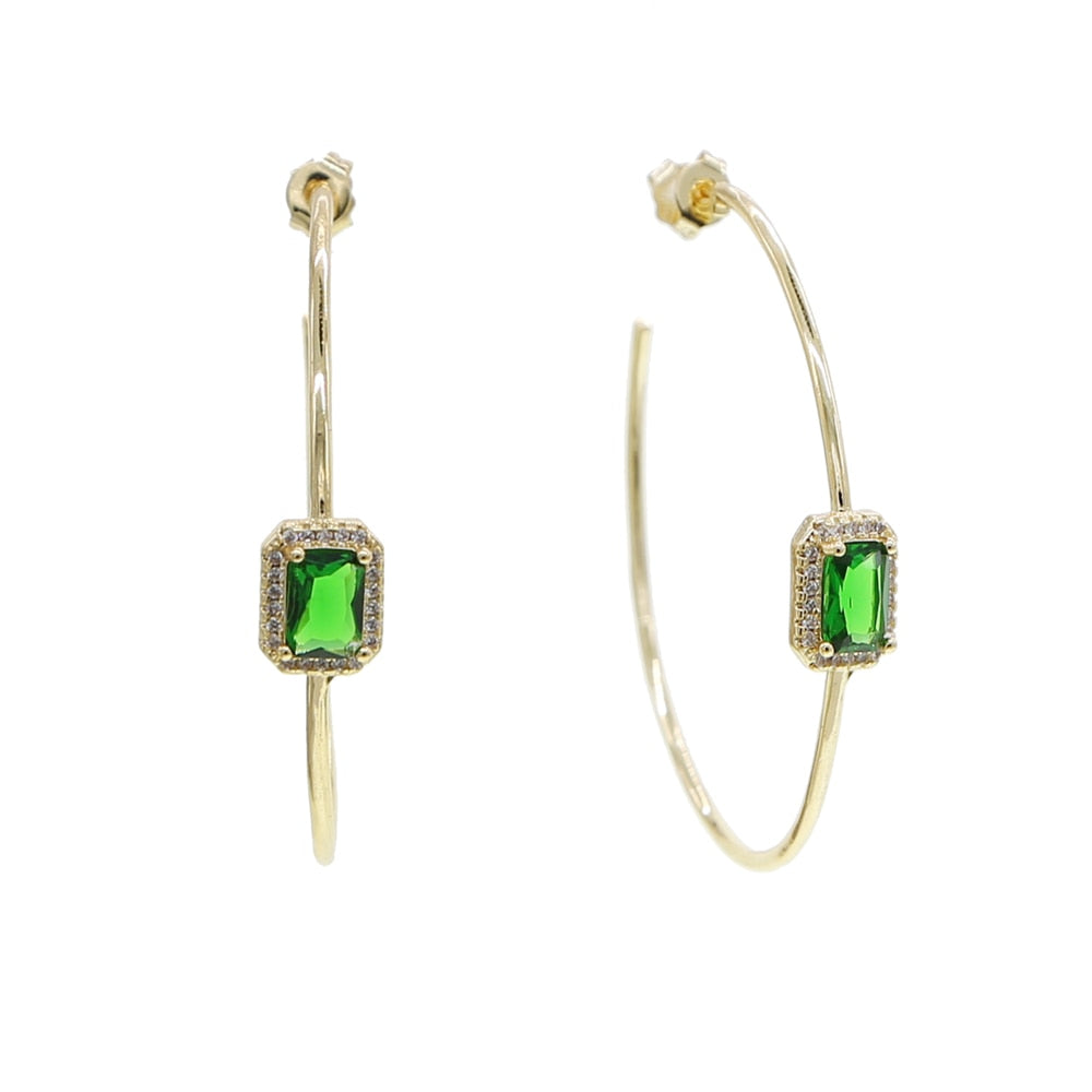 Gold color green baguette cz hoop earring