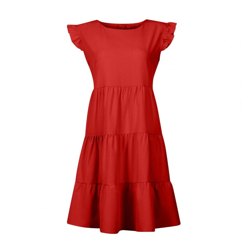 Summer Dress Women Dresses Party Dress Round Neck Short Sleeve Solid Color Splicing Women O-neck Red casual women&#39;s dresses