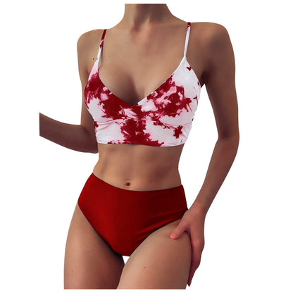 Tie Dye Print Sexy Split Swimsuit Bikini Set High Waist Swimsuit Beachwear