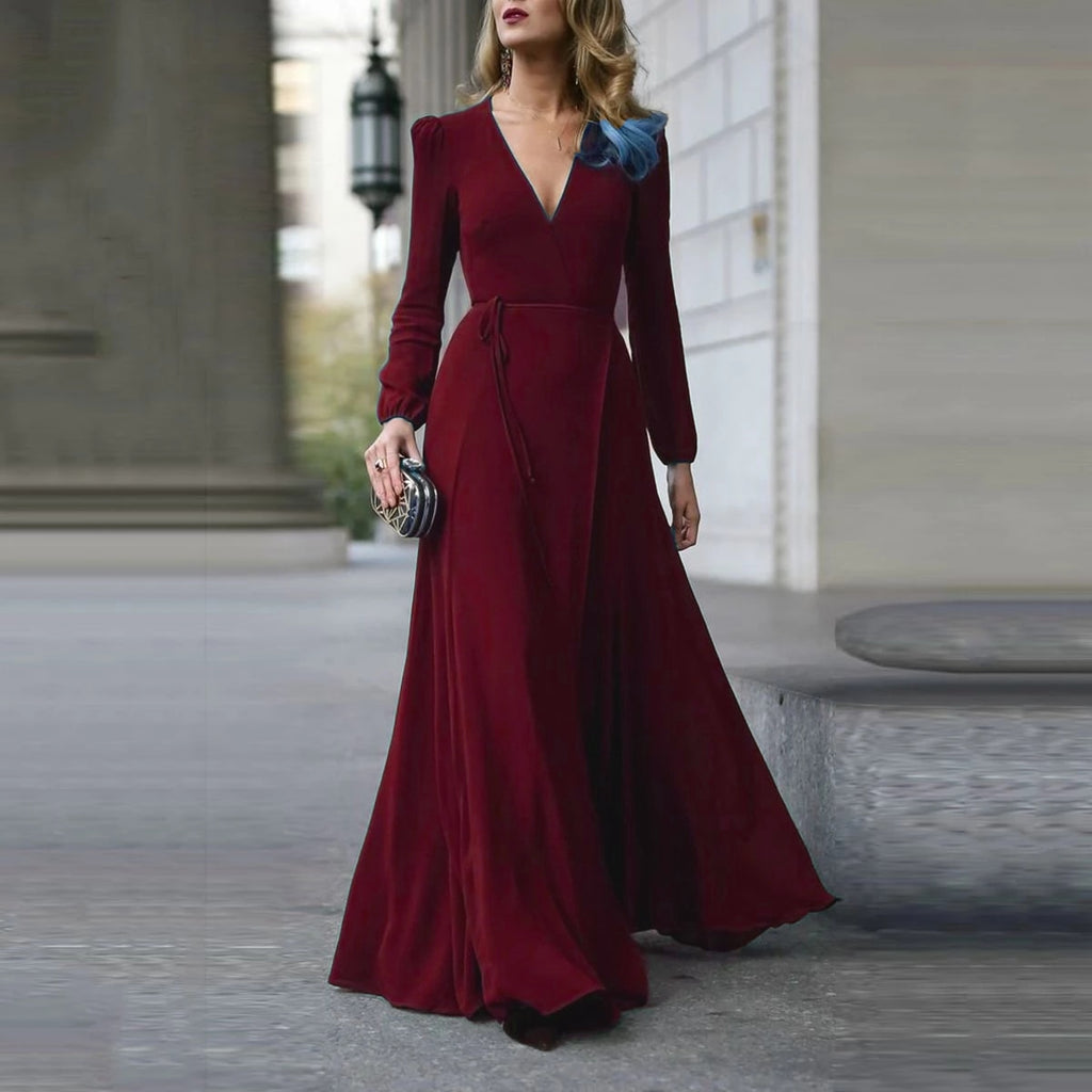 Sexy V Neck Long Sleeve Formal Maxi Dress Solid color Bandage Office Ladies Evening Party Prom Gown Women Autumn Dresses