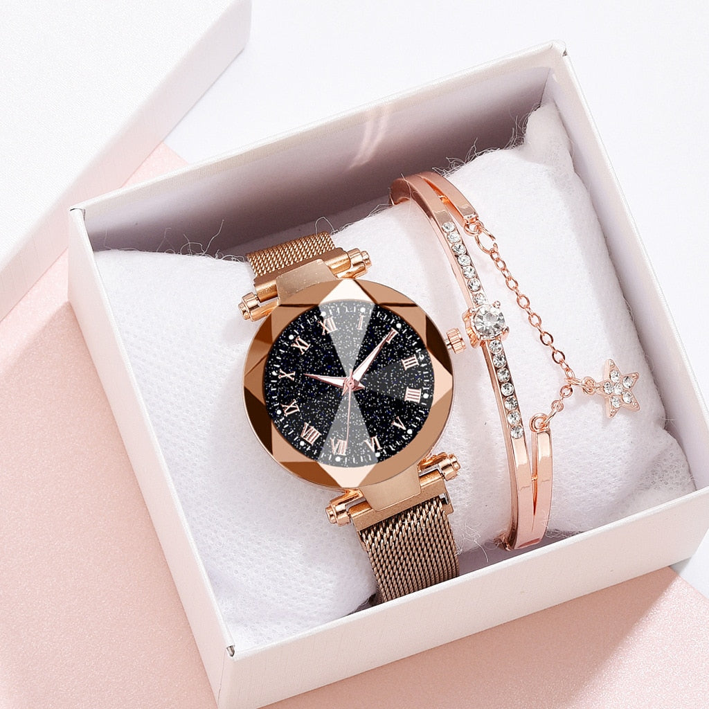 Rose Gold Starry Sky Fashion Women's Quartz Wristwatch Bracelet box Set