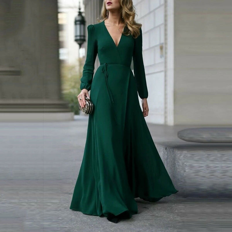 Sexy V Neck Long Sleeve Formal Maxi Dress Solid color Bandage Office Ladies Evening Party Prom Gown Women Autumn Dresses